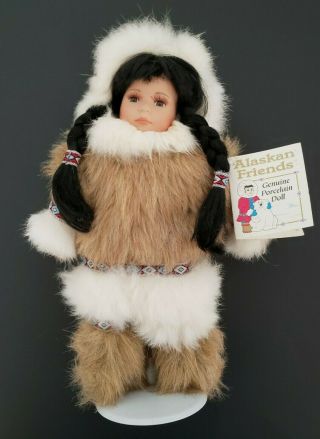 Alaskan Friends Native American Eskimo Girl Doll Porcelain With Tag & Stand 12 "