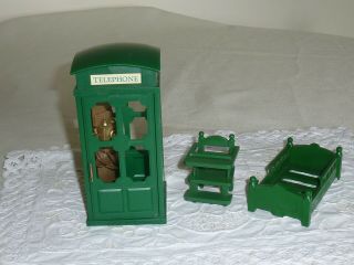 Vintage Sylvanian Families Green Telephone Box,  Bed,  And Baby Chair 1987