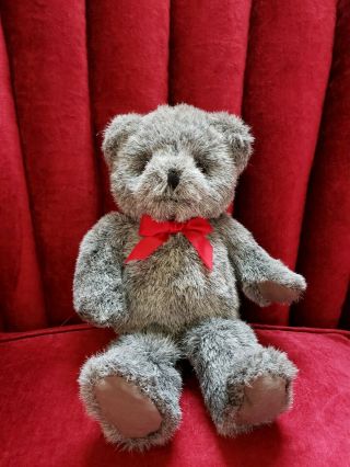 Russ Berrie Gray Black Teddy Bear Red Bow Suede Like Paws Tippy Washable Plush