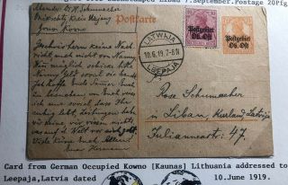 1919 Kaunas Lithuania Livonia German Empire Postcard Cover To Leepaja Latvia