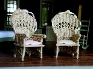 Dollhouse Miniature Artisan Hand Made Wicker Set Of Chairs Signed 1:24