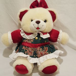 Christmas Teddy Bear Girl Plush Stuffed Animal 15 " White Green Red Dress