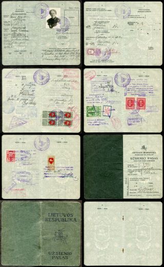 P815 - Lithuania Passport 1930s Revenue Stamps.  Latvia Kemeri Municipal.  Visa