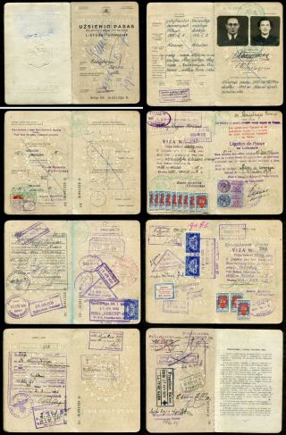 P827 - Lithuania Passport 1930s Revenue Stamps.  Latvia Kemeri,  France.  Jewish