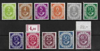 Bund Germany 1951 Nh Posthorn Set Of 11 Michel 123 - 133 Cv €450 With Signed