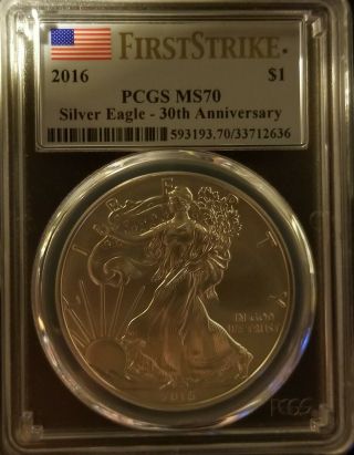 2016 Pcgs Ms70 Silver American Eagle Dollar 30th Anniversary First Strike