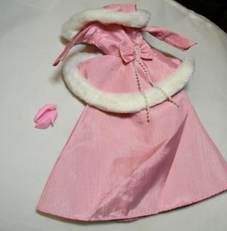 Barbie Doll Size Pink Gown Sleeves Bow Fake Fur Pearls,  Pink Shoes