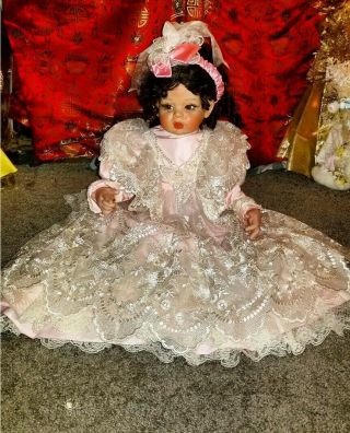 Fayzah Spanos Vinyl Doll 26” Pink Christening Dress Bridal Lace No Coabox Ooak
