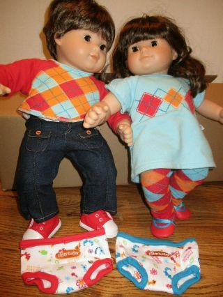 American Girl Bitty Baby Twin Dolls Brunette In Argyle Outifts Euc