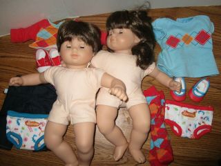 American Girl Bitty Baby Twin Dolls Brunette in Argyle Outifts EUC 2