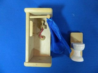 Plan Toys Wooden Dollhouse Bathroom Shower Toilet Miniature Furniture 2 Pc Set