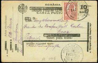 Romania 1920,  Prepaid Postcard With Uprated Postage Hidasliget To Graz,  Austria