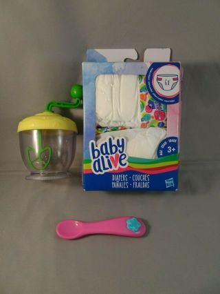Accessory Baby Alive Sweet Spoonfuls Blender Food Mill Magnetic Spoon 6 Diapers