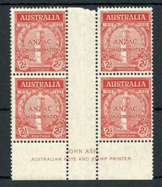 Australia 1935 Gallipoli 2d Ash Imprint Block Sg154 Mlh