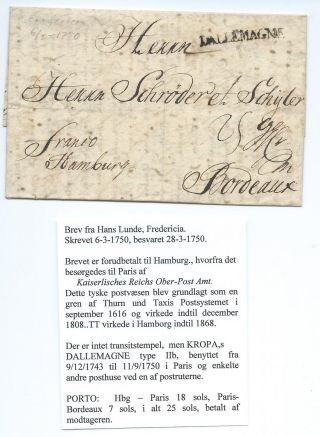 Denmark: Partly Paid Cover Fredricia To France Via Hamburg 1750.