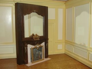 Dollhouse Miniature Tall Fireplace W Mirrored Top W Gold Clock