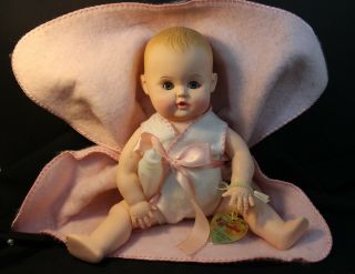 Effanbee Baby Doll All - 1982 Pink Baby Blanket & Bottle White Bodysuit