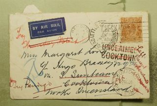 Dr Who 1936 Australia Bendigo Airmail To Cooktown Unclaimed Dead Letter E92206