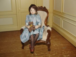 Dollhouse Miniature Porcelain Seated Girl Doll W Teddy Artist Piece