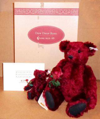 Steiff Dew Drop Rose Teddy Bear Big And Mini Set Of 2 Burgundy Red Bears