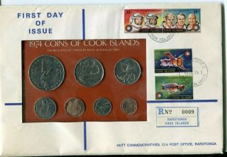 1974 Cook Islands First Day Of Issue Cover With Uncirculated 7 Coin Set