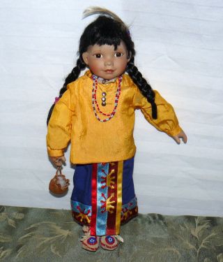 Golden Flowers Porcelain Doll Native American Indian Girl 14 " Figure