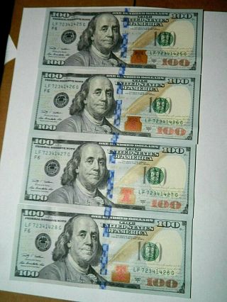 4 Us $100 Notes Consecutive Serial Numbers One Hundred Dollar Bills 2009 Unc