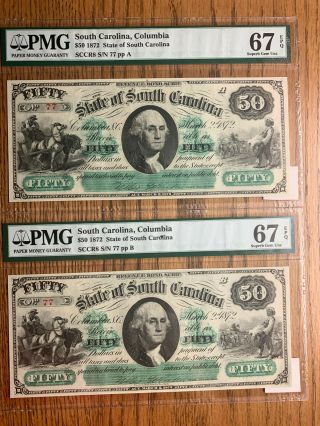 Set - 1872 $50 South Carolina Notes,  Pair Pmg 67epq,  A&b,  Low Serial 77 - Rare