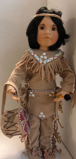 15” Native American Porcelain Doll Linda Mason “quick Fox” W/ Drum / Stick 1993