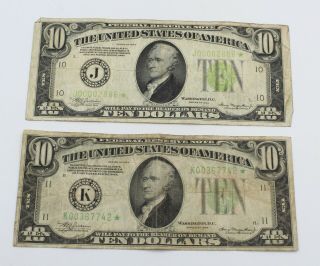 (2) Us 1934 $10 Boston Or Kansas City Federal Reserve Star Notes 7259 - 2