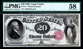 1880 $20 Twenty Dollar Red Seal Legal Tender Note Pmg 58 • Fr.  141