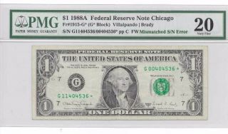 Fr1915 - G $1 1988a One Dollar Star Note Error 2 S/n Mismatched Pmg 20 Nr