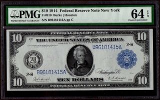 $10 1914 Federal Reserve Note York Fr 910 Pmg 64 Epq Choice Uncirculated