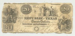 $20 Bill With Texas Star In Red Ink Issued By The Republic Of Texas Aug.  9,  1839