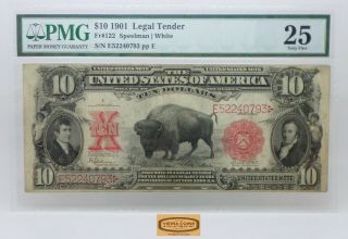 Fr.  122 $10 1901 Bison Note Large Legal Tender,  Pmg Vf 25.  Rare - 17620