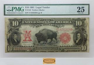 Fr.  120 $10 1901 Bison Note Large Legal Tender,  Pmg Vf 25.  Rare - 17619