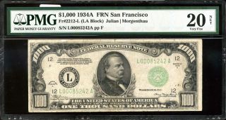 1934a $1,  000 Frn San Francisco Vf20 Pmg S/n L00085242a Pp F Fr 2212 - L