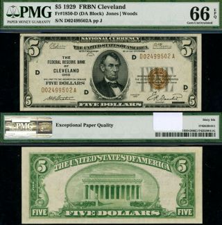 Fr.  1850 D $5 1929 Federal Reserve Bank Note Cleveland D - A Block Gem Pmg Cu66epq