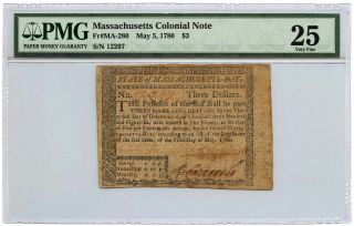 May 5,  1780 Massachusetts Colonial Note $3 Pmg Vf - 25 Fr Ma - 280
