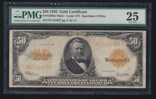 Us 1922 $50 Gold Certificate Fr 1200 Pmg 25 Vf (- 437)