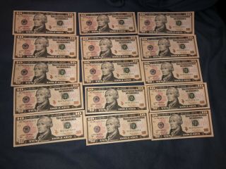 (15) $10 Dollar Bills Sequential Low Serial Numbers Crisp Us Money