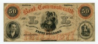 1858 $50 The Bank Of The Commonwealth - Richmond,  Virginia Note W/ Slaves