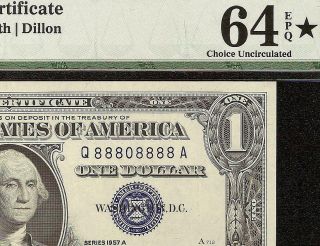 1957 A $1 Dollar Near Solid Sn 88808888 Silver Certificate Note Pmg 64 Epq Star