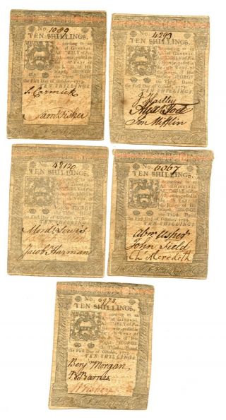 Colonial Pennsylvania Currency Oct 1 1773 Ten Shillings - Five Notes Very Fine L