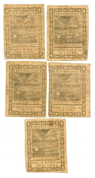 Colonial Pennsylvania Currency Oct 1 1773 Ten Shillings - FIVE notes very fine l 2