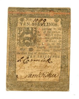 Colonial Pennsylvania Currency Oct 1 1773 Ten Shillings - FIVE notes very fine l 3