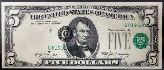 1969 A $5 Federal Reserve Note,  Misaligned Overprint,  PCGS About 53 PPQ 2