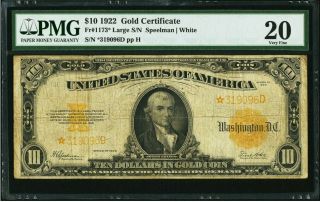 $10 1922 Fr 1173 Gold Certificate Star Note Pmg Very Fine 20 Vf20