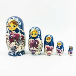 Babushka Snow Scene Chuch Nesting Dolls - Set Of 5 Hand Painted Wood Matryoshka