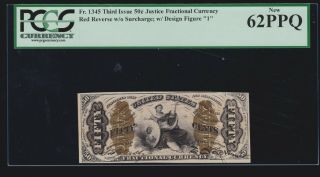 Us 50c Justice Fractional Currency Red Back Fr 1345 Pcgs 62 Ppq V Ch Cu (020)